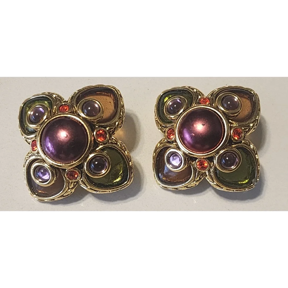 Joan Rivers Multicolor Cabochons Gold Tone Faux Pearl Clip On Earrings